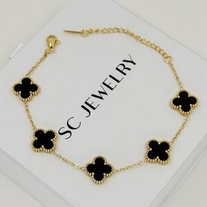 Black Clover Bracelet with Gold Plated Chain | Double Sided Four Leaf